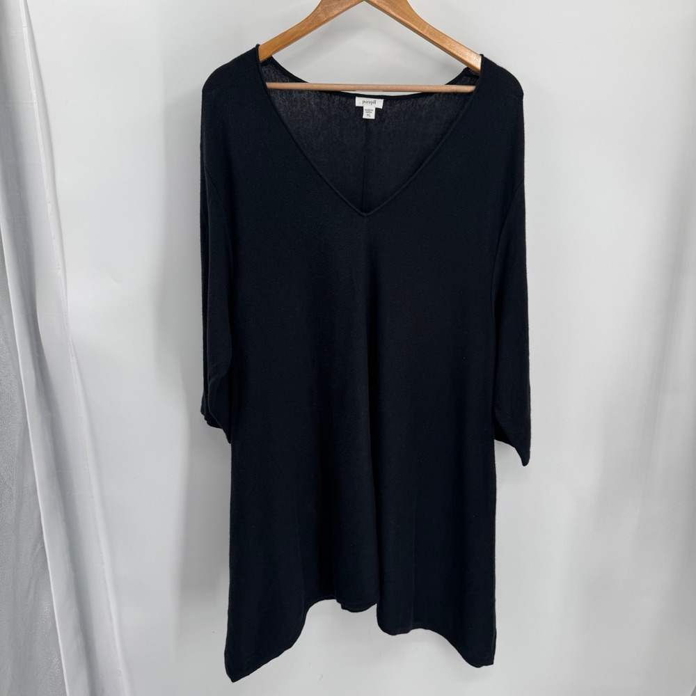 pure jill Womens Silk Modal Blend‎ Black V Neck Shark Bite Hem Knit Tunic Top XL